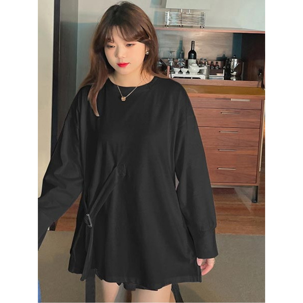 シンメトリーベルトデザインがオシャレ!長袖ビッグTシャツ 大きいサイズ レディース14