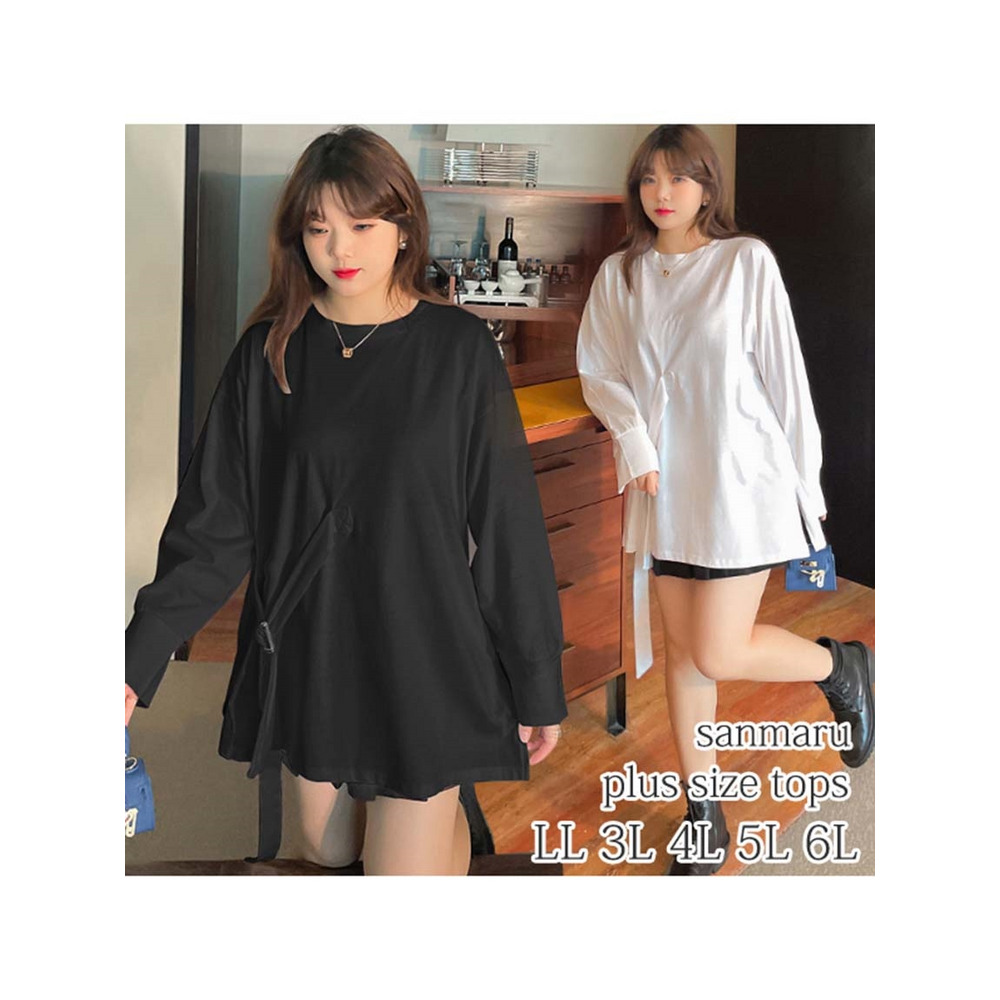 シンメトリーベルトデザインがオシャレ!長袖ビッグTシャツ 大きいサイズ レディース2