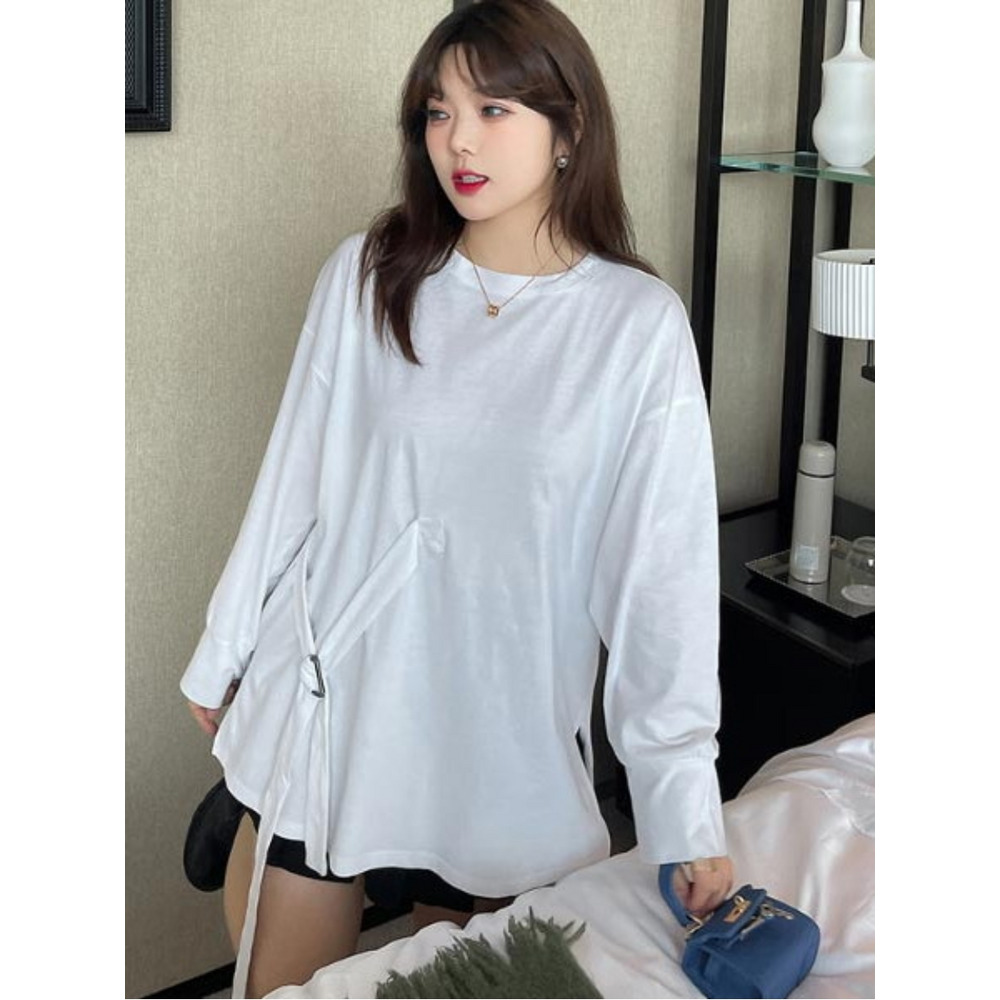 シンメトリーベルトデザインがオシャレ!長袖ビッグTシャツ 大きいサイズ レディース7