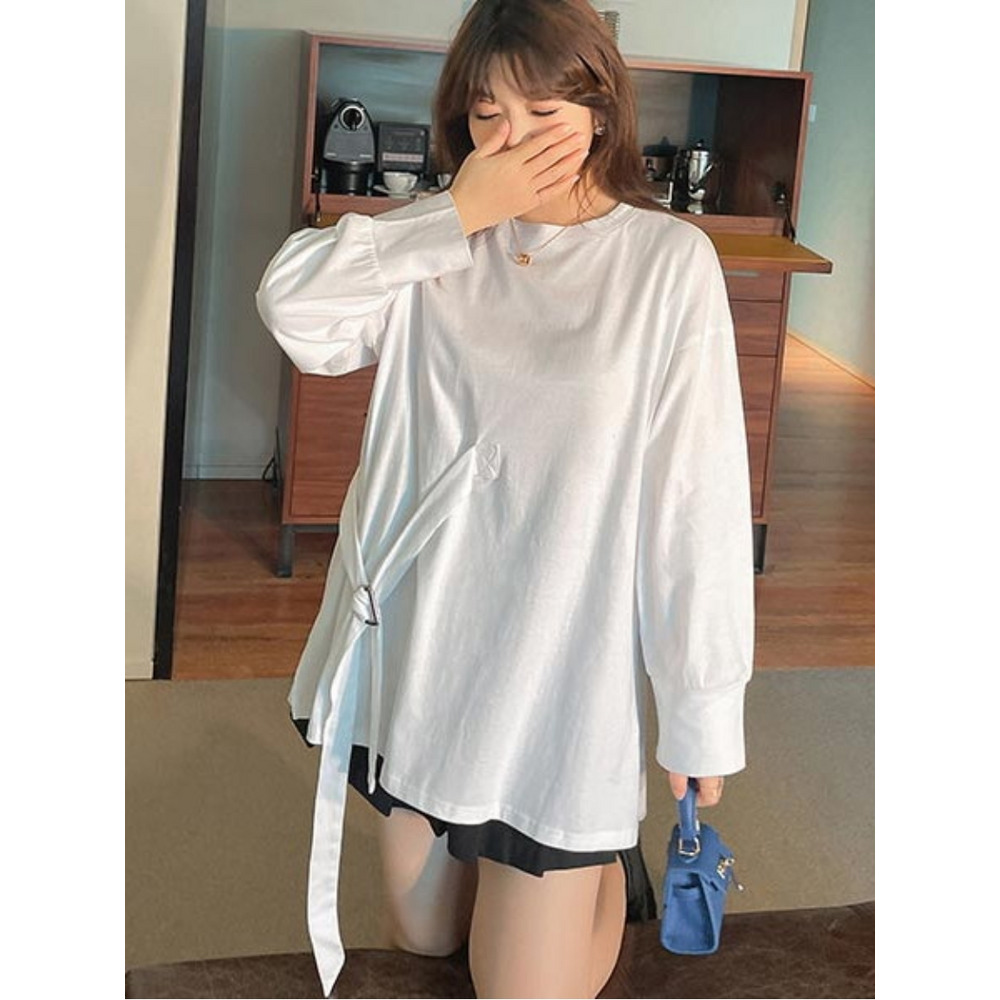 シンメトリーベルトデザインがオシャレ!長袖ビッグTシャツ 大きいサイズ レディース9