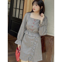 グレンチェック スーツ風 フリルコラージュワンピース　大きいサイズ レディース