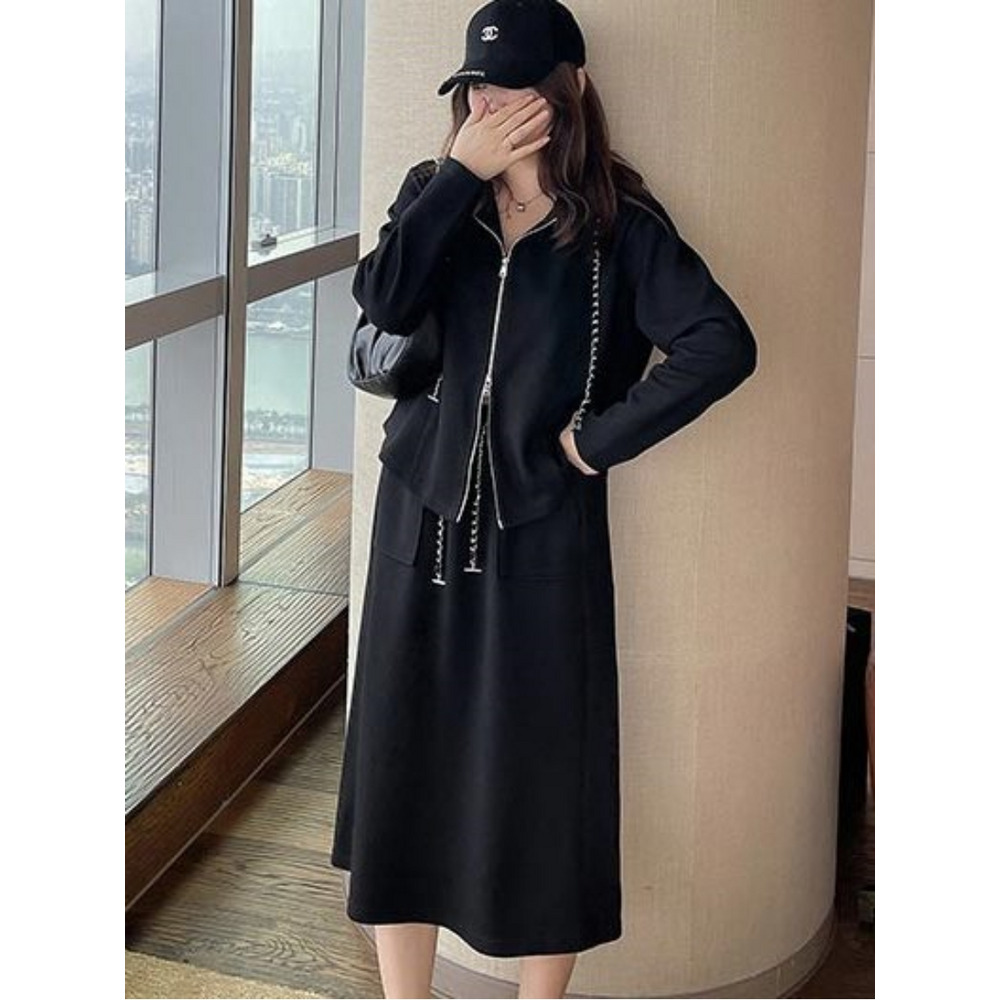 ダブルジップパーカー+Aラインスカート キレカジ スカートスーツ 大きいサイズ レディース1