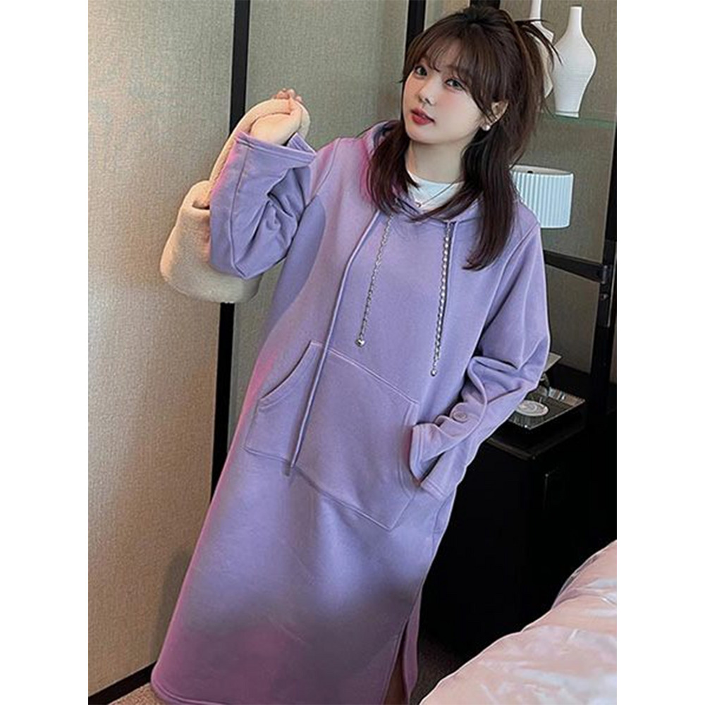 袖コンシャス! フード付きミモレ丈スウェットワンピース 大きいサイズ レディース1
