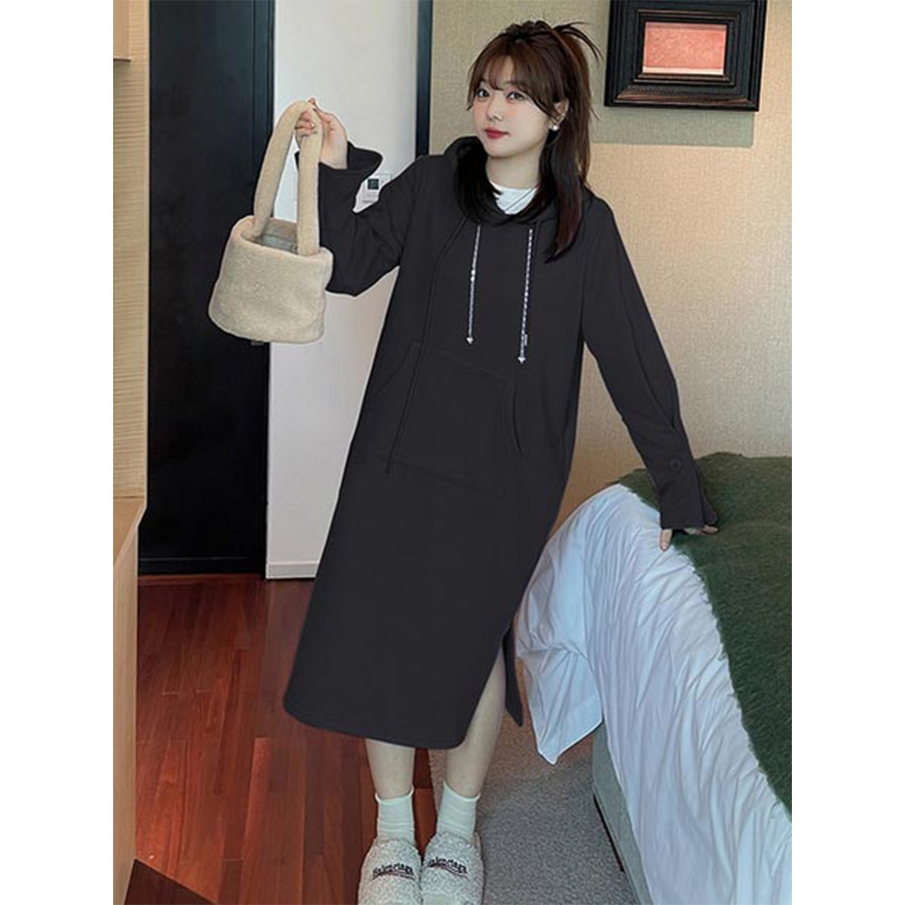 袖コンシャス! フード付きミモレ丈スウェットワンピース 大きいサイズ レディース14