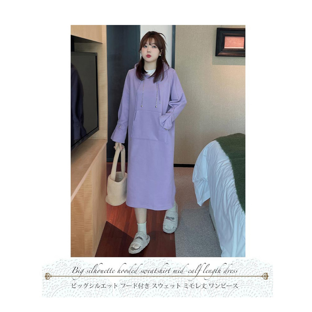 袖コンシャス! フード付きミモレ丈スウェットワンピース 大きいサイズ レディース3