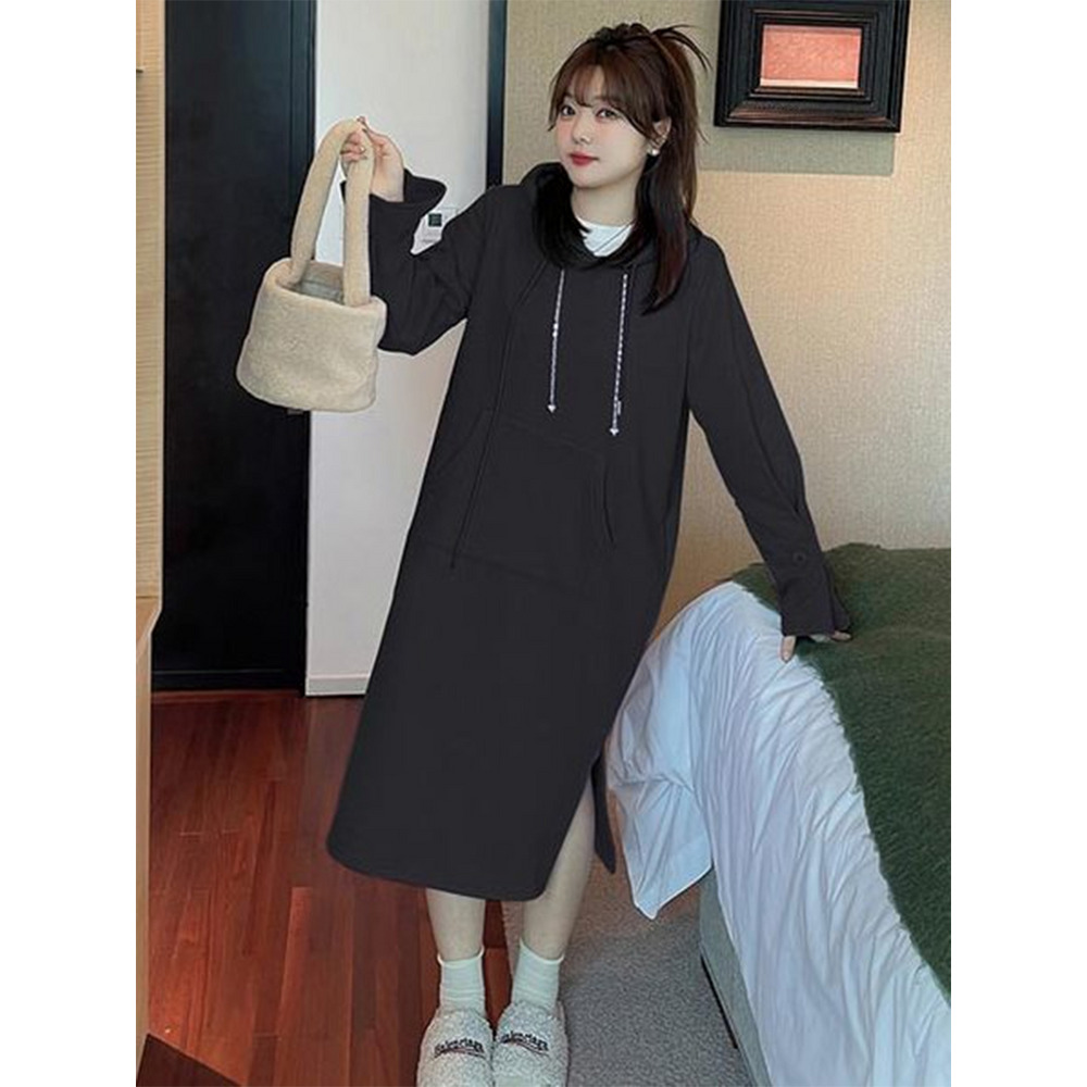 袖コンシャス! フード付きミモレ丈スウェットワンピース 大きいサイズ レディース1
