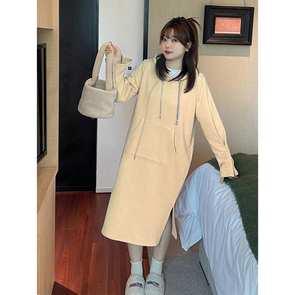 袖コンシャス! フード付きミモレ丈スウェットワンピース 大きいサイズ レディース1