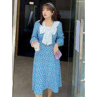 白襟＆ビッグリボン付き フラワー＆ドットプリント ワンピース　大きいサイズ レディース