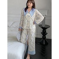 レトロなチューリッププリント&無地お洒落なパジャマ上下セット