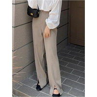 フロント裾スリット入り ウエストバックゴム ワイドストレートパンツ　大きいサイズ レディース