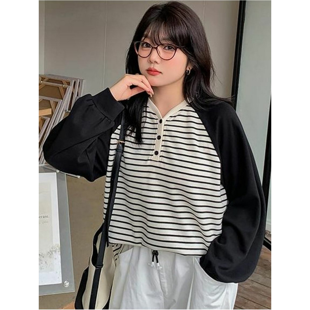 細ボーダーのオーバーサイズ ブロックデザイン 長袖プルオーバー 大きいサイズレディース1