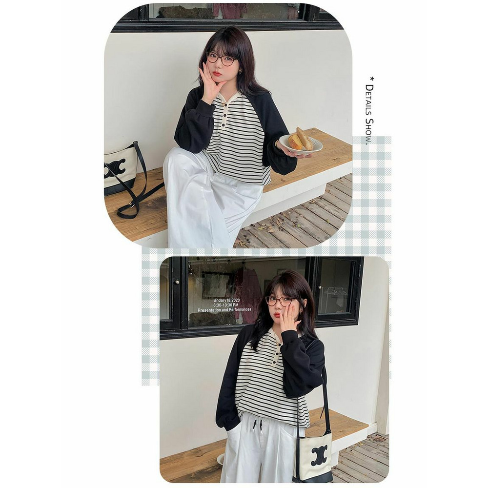 細ボーダーのオーバーサイズ ブロックデザイン 長袖プルオーバー 大きいサイズレディース17