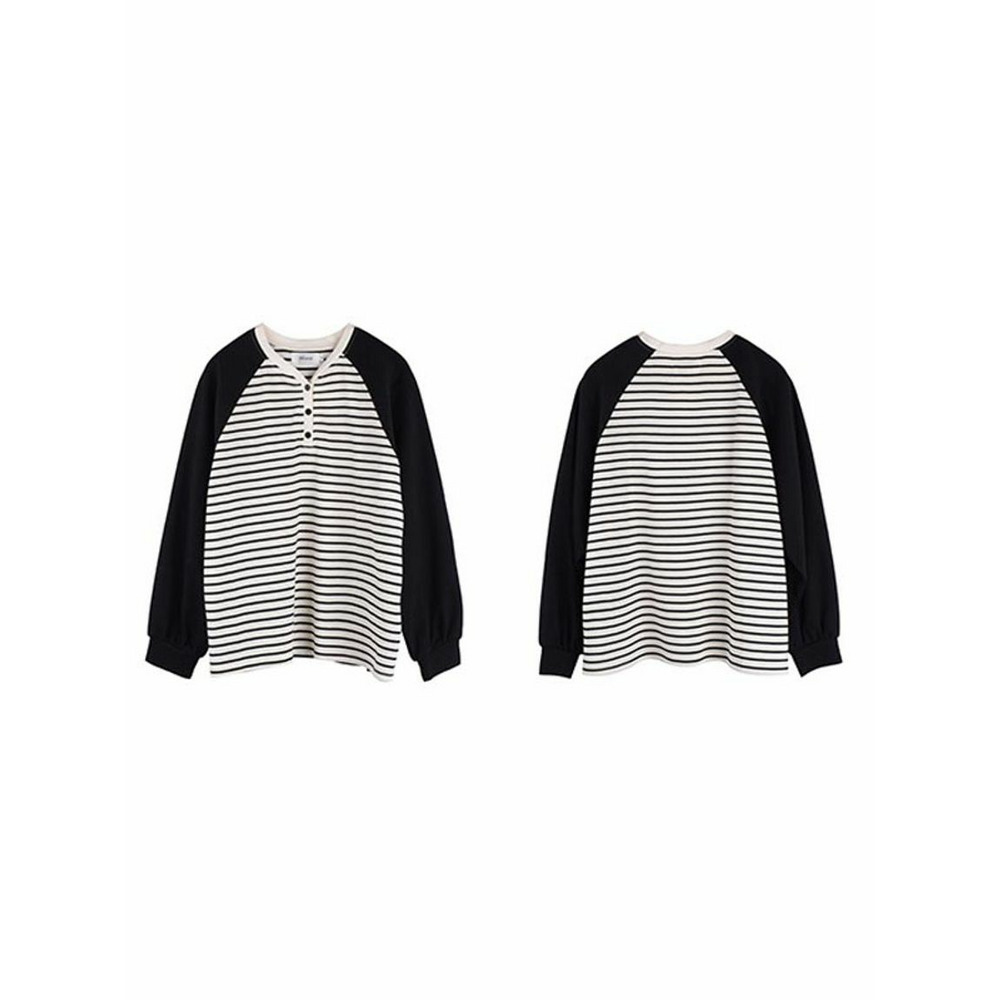細ボーダーのオーバーサイズ ブロックデザイン 長袖プルオーバー 大きいサイズレディース3