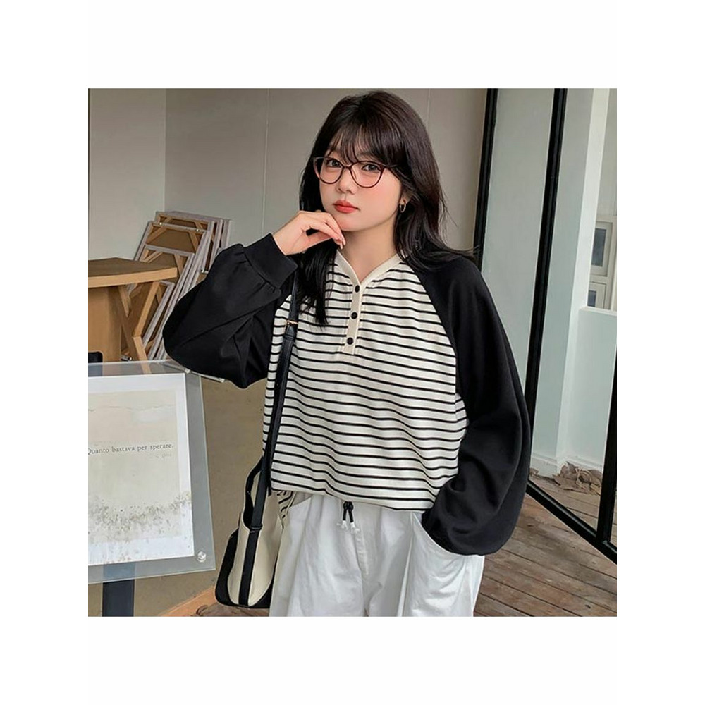 細ボーダーのオーバーサイズ ブロックデザイン 長袖プルオーバー 大きいサイズレディース4