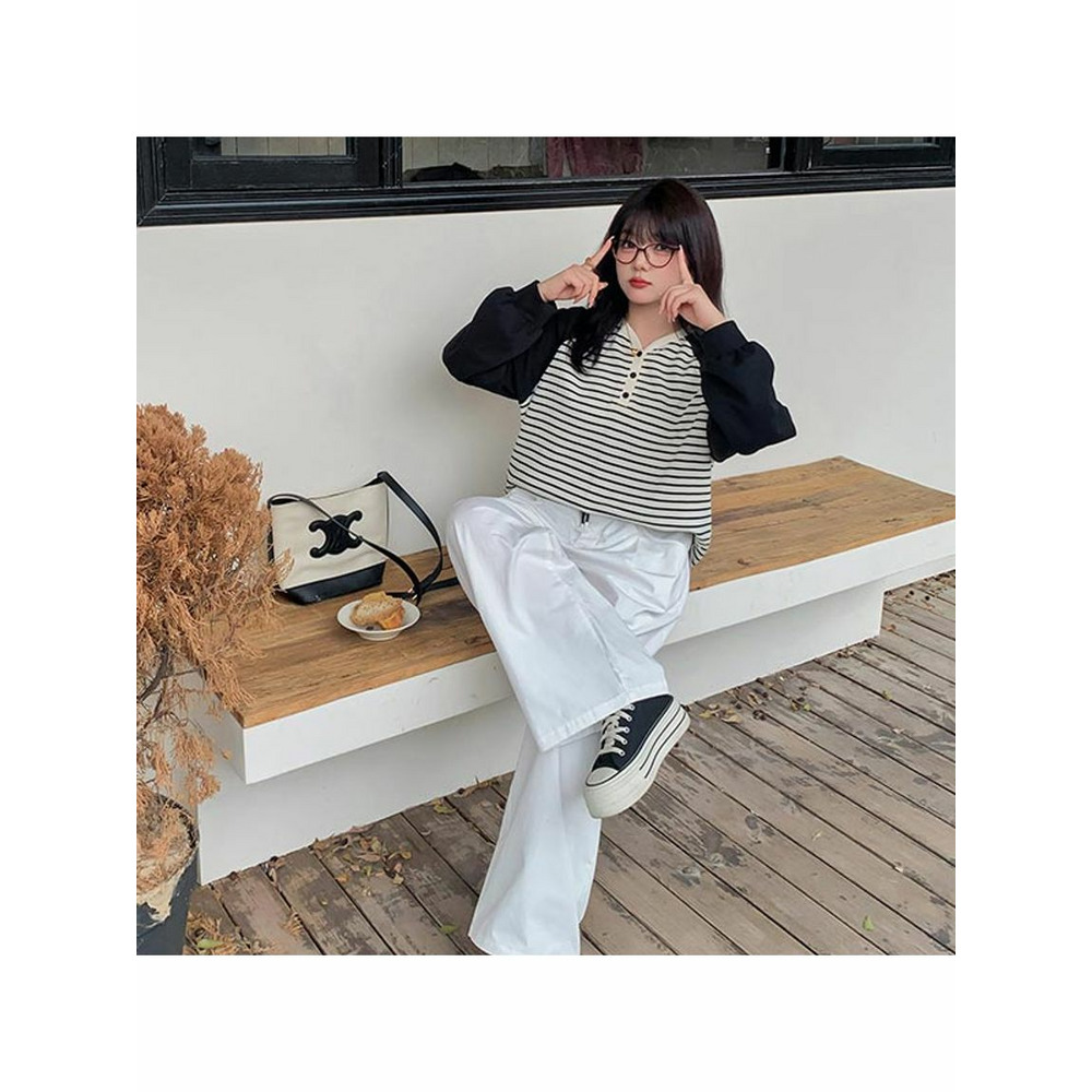 細ボーダーのオーバーサイズ ブロックデザイン 長袖プルオーバー 大きいサイズレディース5