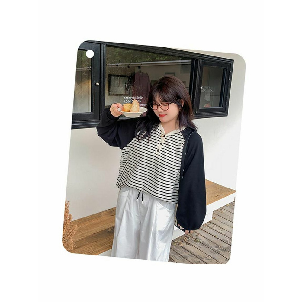 細ボーダーのオーバーサイズ ブロックデザイン 長袖プルオーバー 大きいサイズレディース6