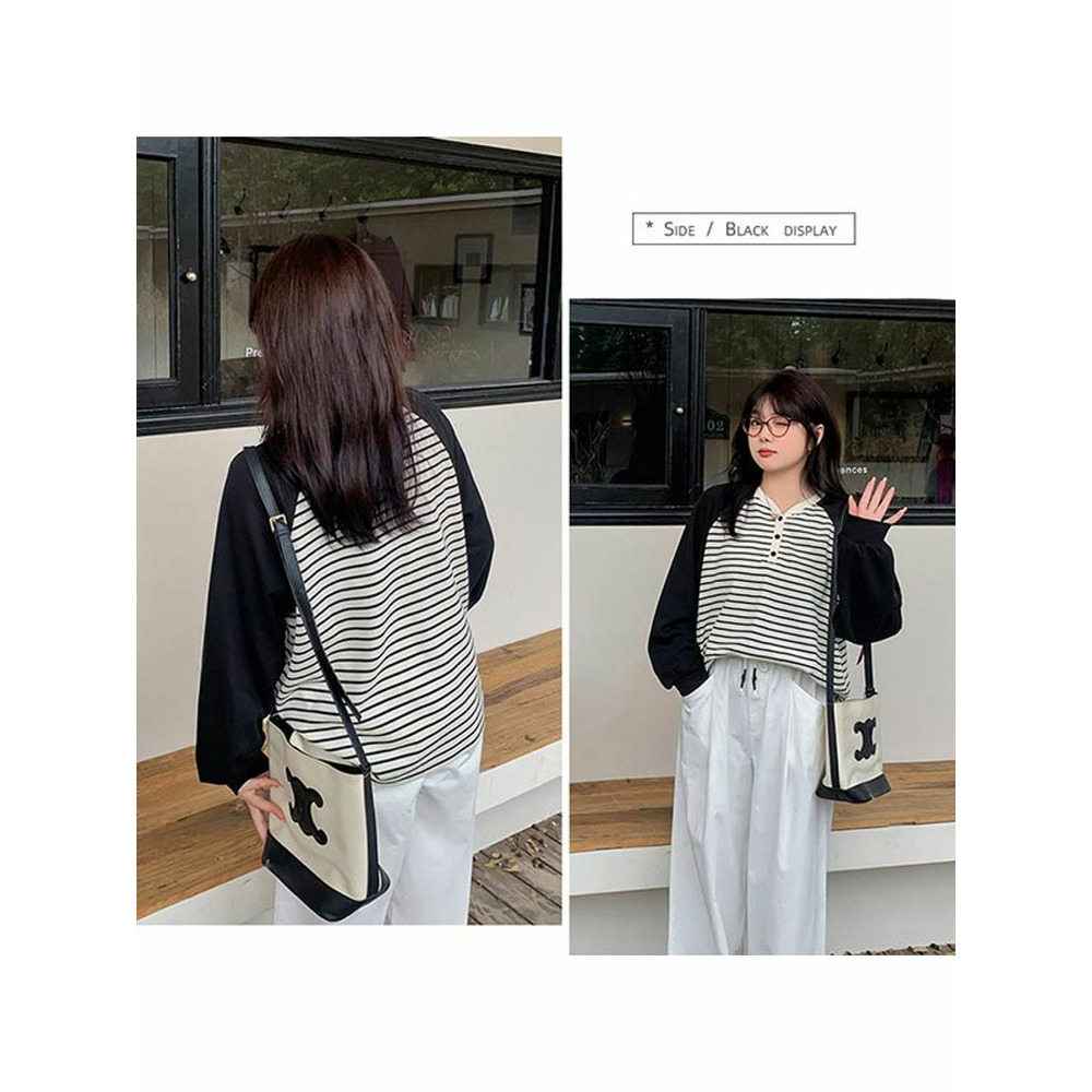 細ボーダーのオーバーサイズ ブロックデザイン 長袖プルオーバー 大きいサイズレディース7