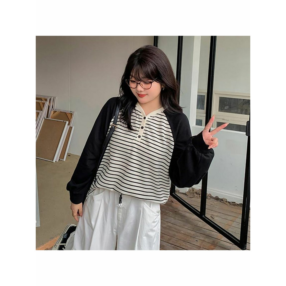 細ボーダーのオーバーサイズ ブロックデザイン 長袖プルオーバー 大きいサイズレディース8