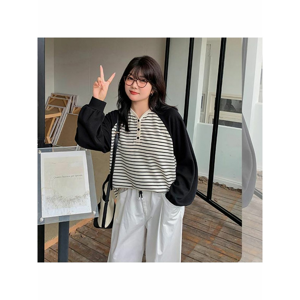 細ボーダーのオーバーサイズ ブロックデザイン 長袖プルオーバー 大きいサイズレディース9