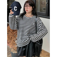 ゆったりで暖かなストライプ柄ニットスウェットプルオーバー 　大きいサイズレディース