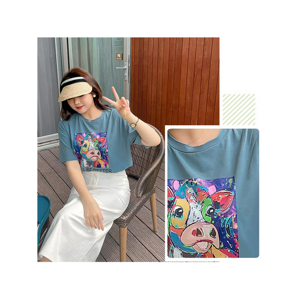 カラフルポップな子牛イラストのヴィンテージライクな半袖Tシャツ　大きいサイズ レディース21