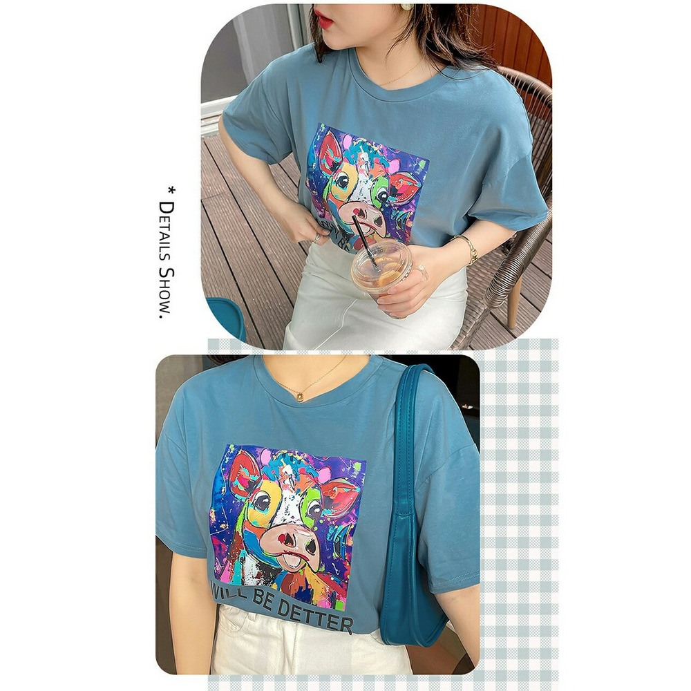 カラフルポップな子牛イラストのヴィンテージライクな半袖Tシャツ　大きいサイズ レディース5