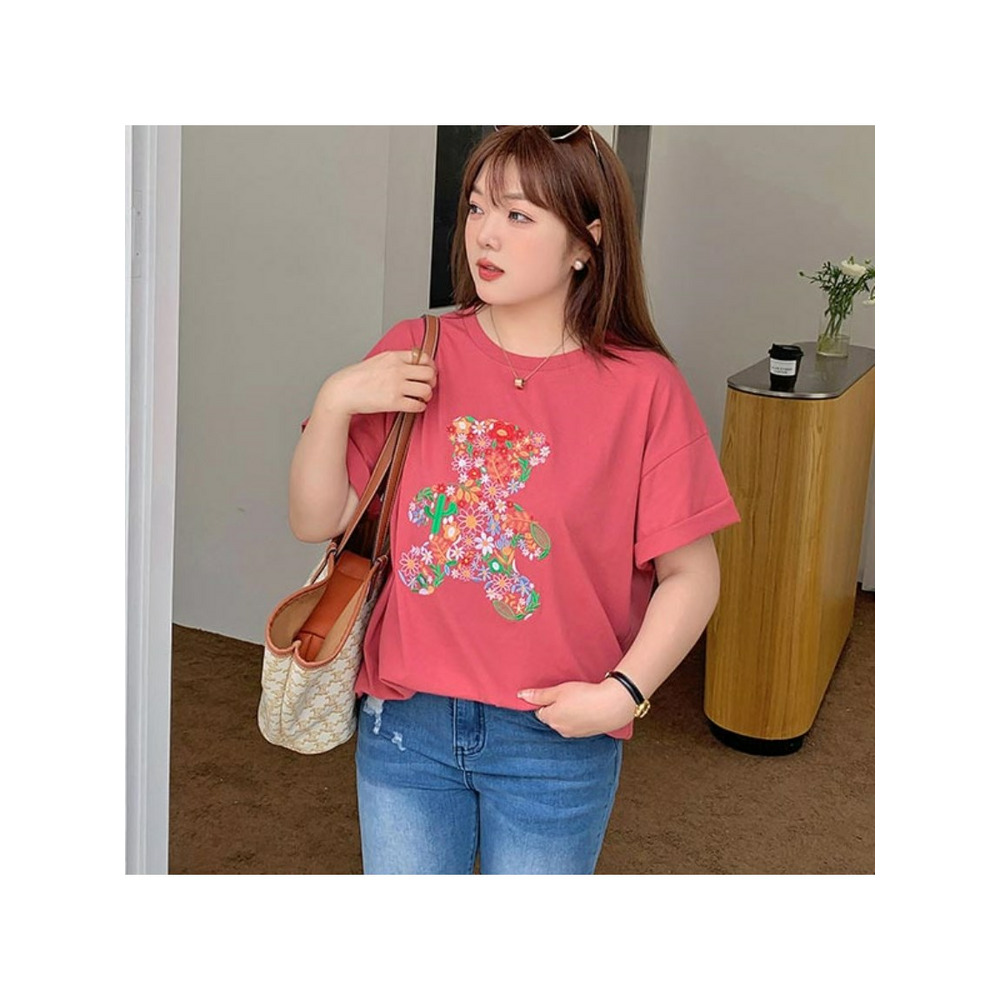 胸のフラワー刺繍こぐま柄シルエットが可愛い！半袖Tシャツ　大きいサイズ レディース12