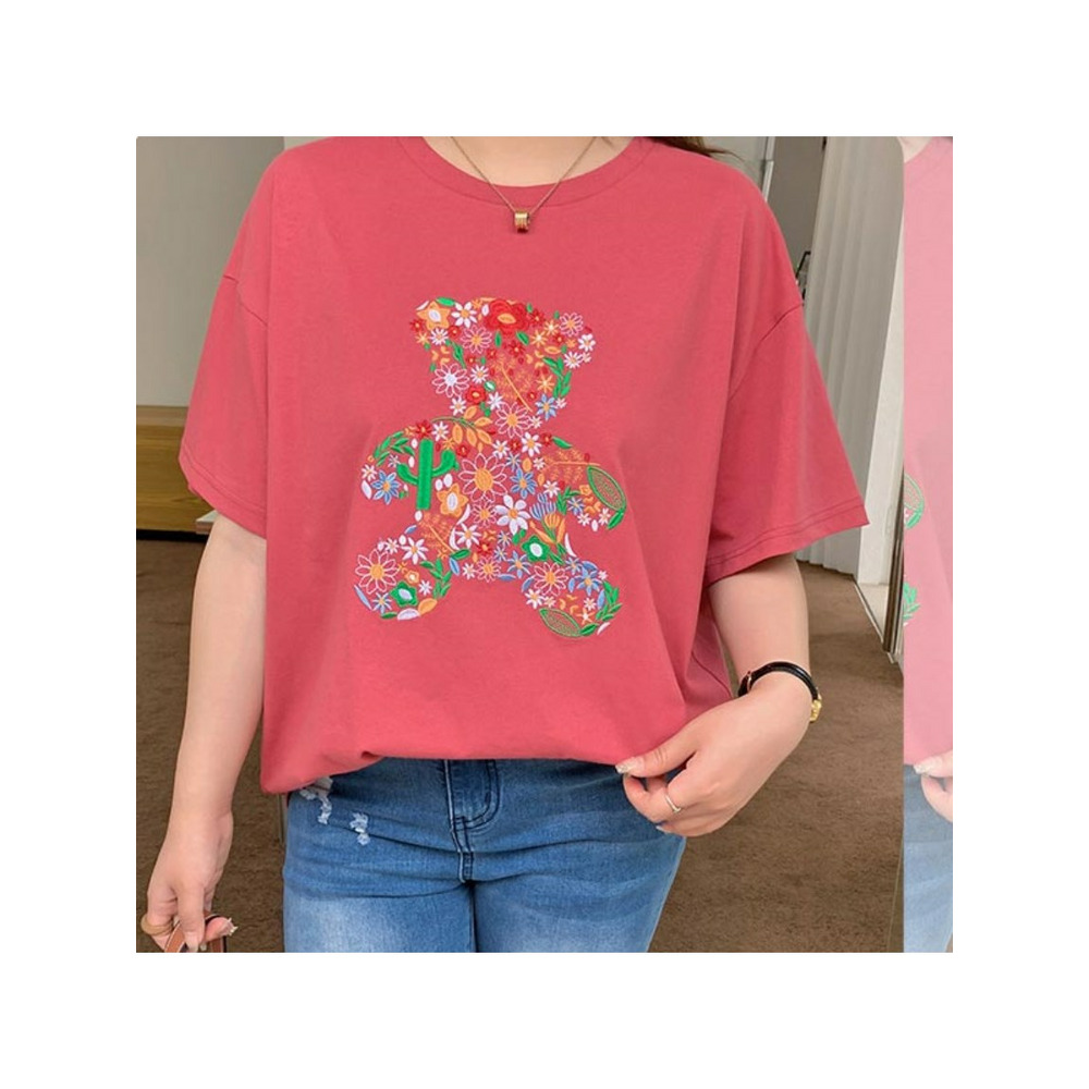 胸のフラワー刺繍こぐま柄シルエットが可愛い！半袖Tシャツ　大きいサイズ レディース13