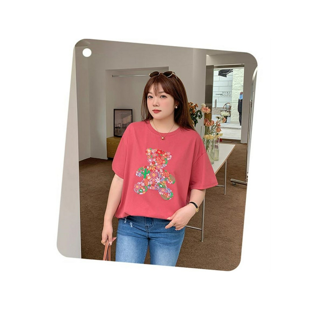 胸のフラワー刺繍こぐま柄シルエットが可愛い！半袖Tシャツ　大きいサイズ レディース7