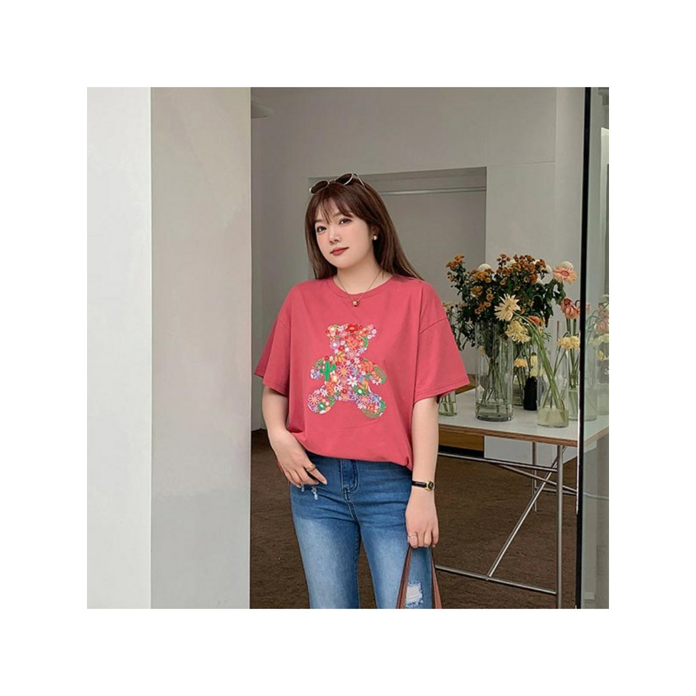 胸のフラワー刺繍こぐま柄シルエットが可愛い！半袖Tシャツ　大きいサイズ レディース9