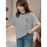ウサギのワンポイント刺繍が可愛い！半袖コットンリンガーTシャツ　大きいサイズ レディース