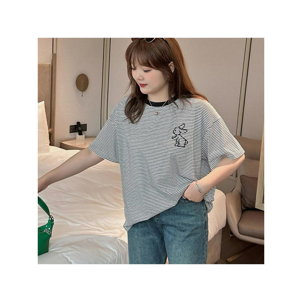 ウサギのワンポイント刺繍が可愛い！半袖コットンリンガーTシャツ　大きいサイズ レディース19