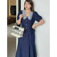 ソフトウォッシュデニムフェミニンマーメイドスカートスーツ　大きいサイズ レディース