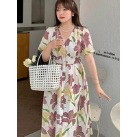 大きなアイリスプリントが華やか！レディライクな半袖ワンピース　大きいサイズ レディース