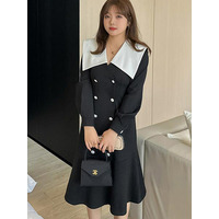 コントラストカラーの大きな襟がポイント！マーメイドラインワンピース　大きいサイズ レディース