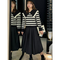 大きな襟がキュート！凹凸のある編み地のボーダー柄セーター　大きいサイズ レディース