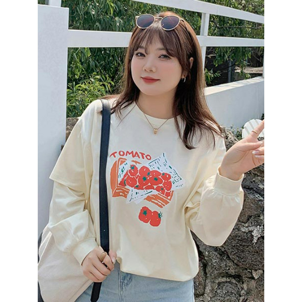 トマトイラストプリント半袖Tシャツ重ね着風プルオーバー　大きいサイズ レディース9