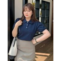 大きめの丸襟で半袖パフスリーブの大人ガーリーポロシャツ　大きいサイズ レディース