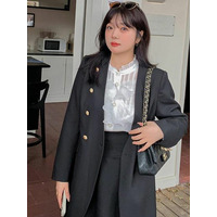 ゴールドボタン使いがラグジュアリーなノーカラージャケット　大きいサイズレディース