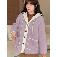 コントラストカラーのフード付き あったか裏起毛のボアジャケット 大きいサイズレディース