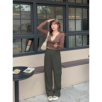 【LL-6L】長さ2パターンカーゴポケット付きの裏起毛ワイドストレートパンツ　大きいサイズレディース