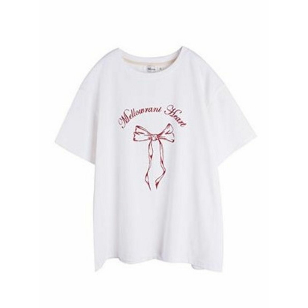 胸のロゴとリボンが大人ガーリー。オーバーサイズ 半袖Ｔシャツ ホワイト 1