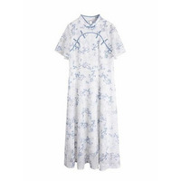 フラワープリントレースのチャイナカラー 半袖フレアワンピース