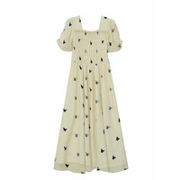 スクエアネックフロッキー蝶プリントのロングワンピース