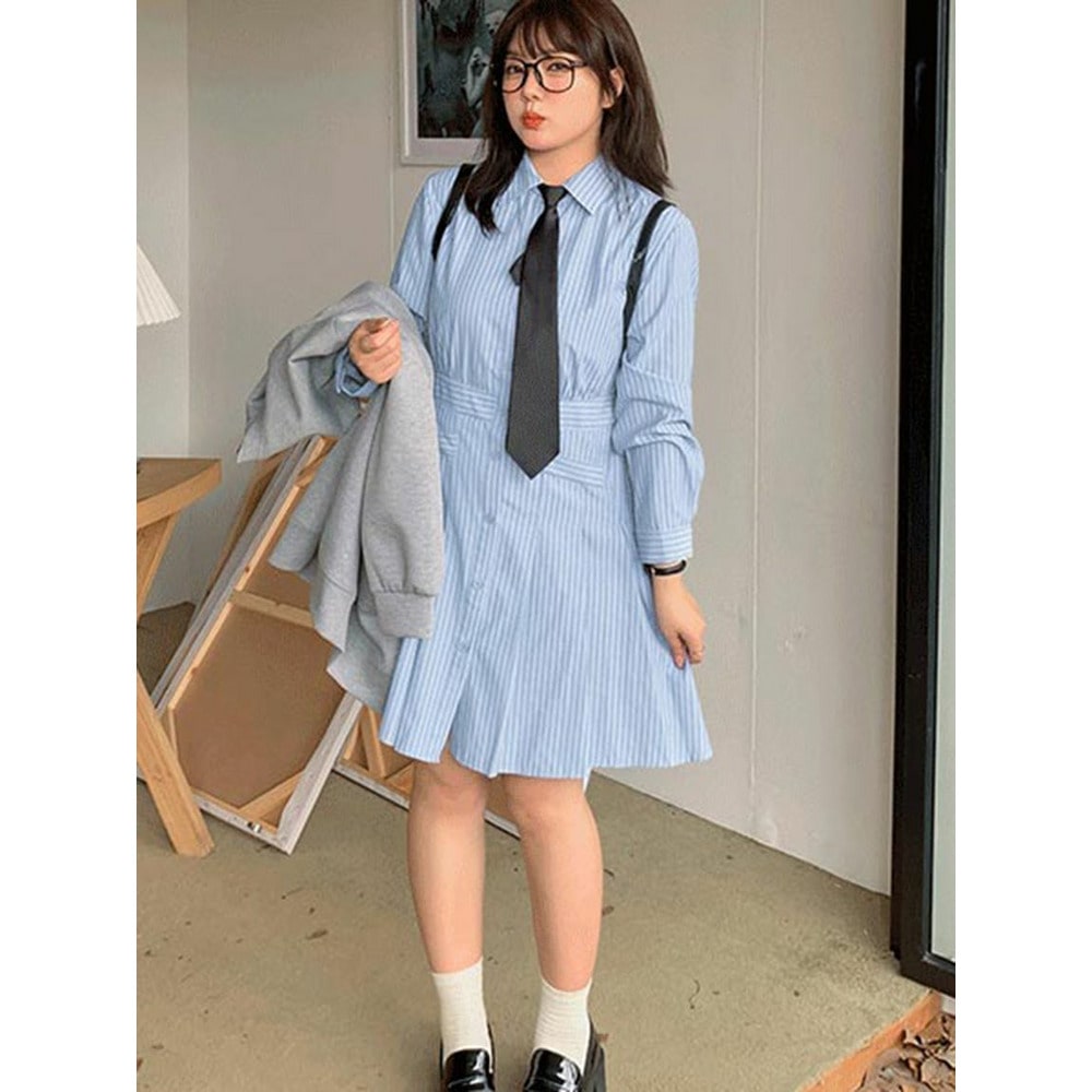 ネクタイ付き ストライプ柄シャツワンピース ショート丈バージョン 