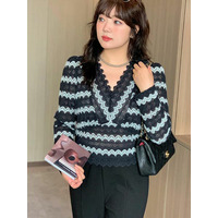 ボーダー柄起毛レースのエレガントなショート丈トップス 大きいサイズレディース