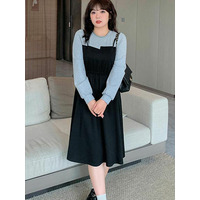 ラウンドネックトップス+キャミワンピース 重ね着風ワンピース 　大きいサイズレディース