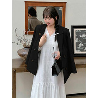 可愛いブローチ付きシンプルなダブルブレストジャケット　大きいサイズレディース