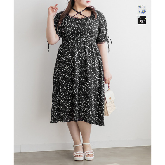 シフォン花柄半袖ワンピース【アリノマ/Alinoma】 シフォン花柄半袖ワンピース【アリノマ/Alinoma】