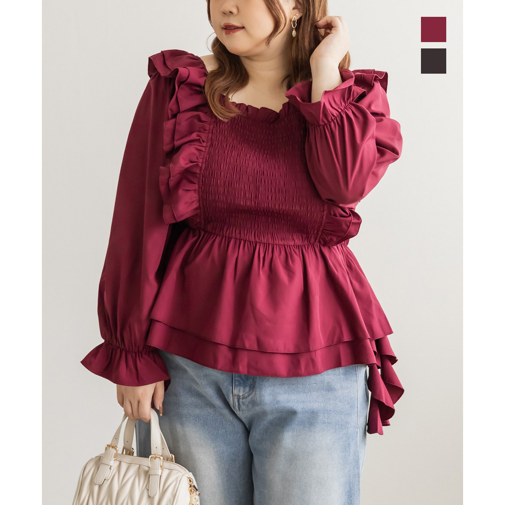 肩フリルシャーリングブラウス1